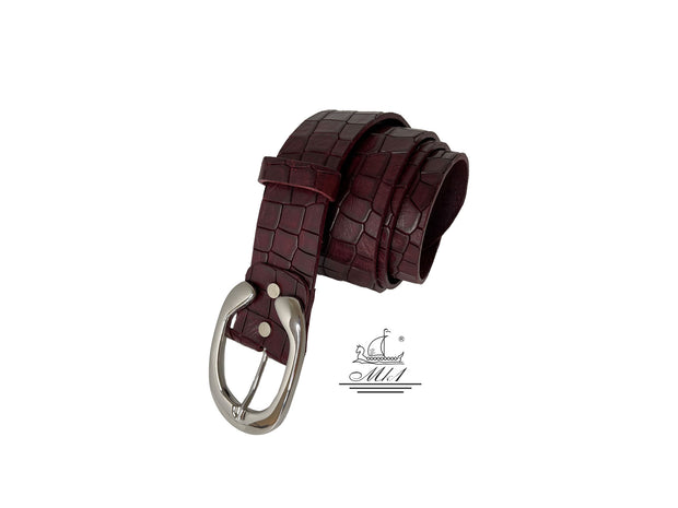 Women's wide belt handcrafted from redbrown natural leather with animal print (croco) design. 101294/40rb-kr