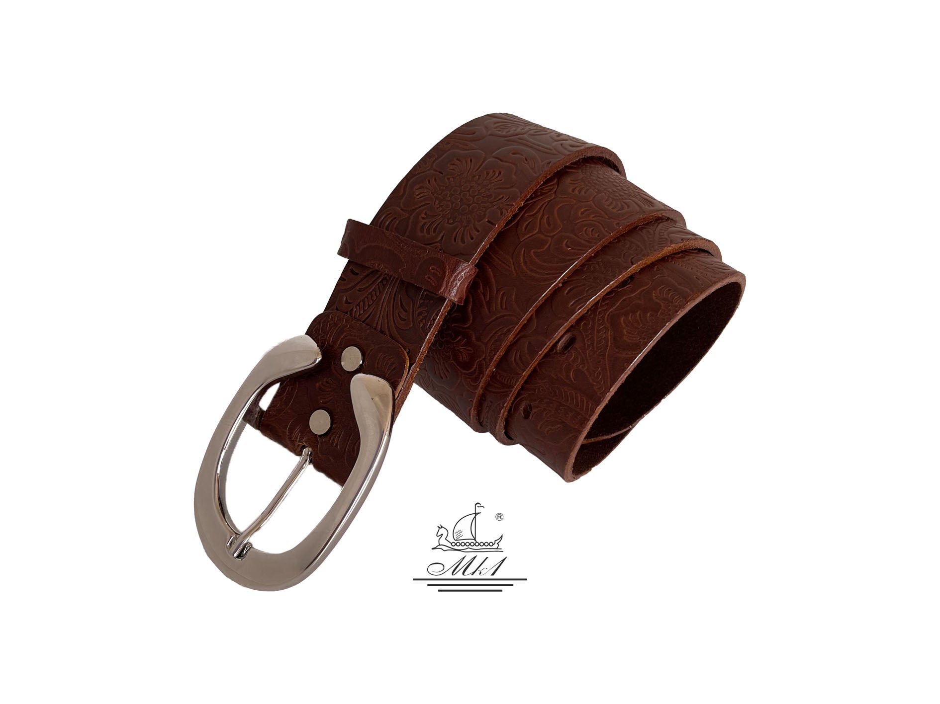 Unisex 4cm wide belt handcrafted from brown leather with flower design. 101294/40BR/LD