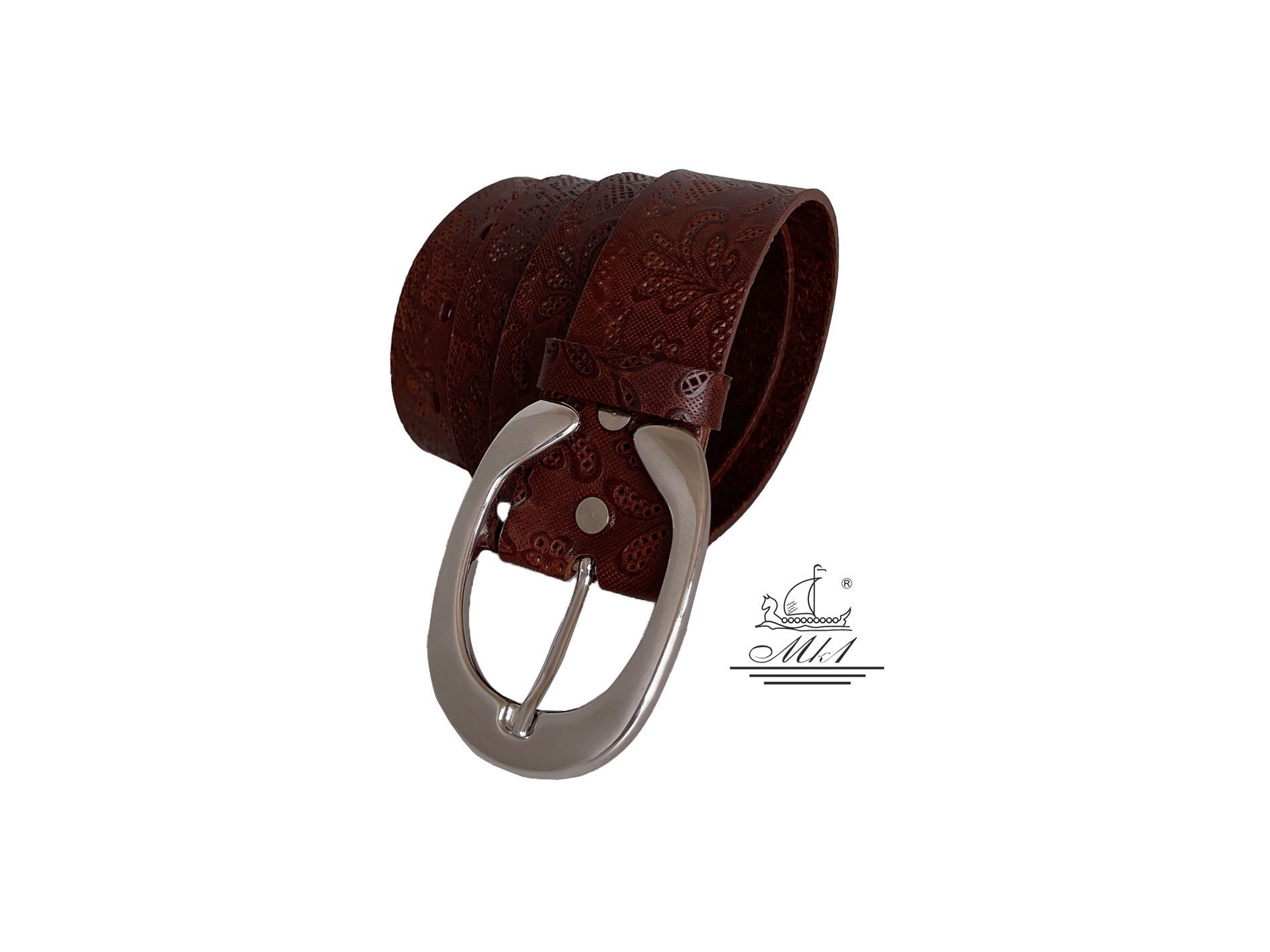 Women's wide belt handcrafted from brown natural leather with floral design. 101294/40k-dt