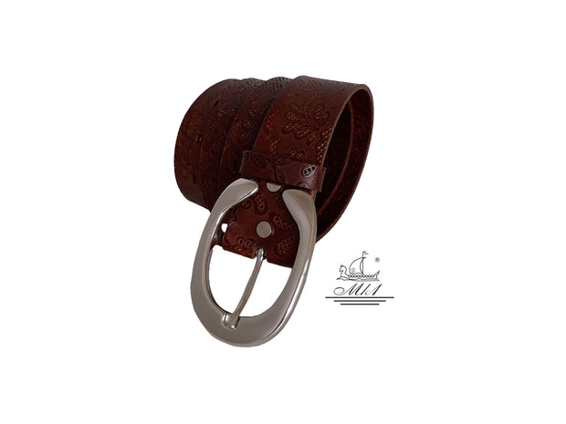 Unisex 4cm wide belt handcrafted from red brown leather with flower design. 101294/40BR/LD