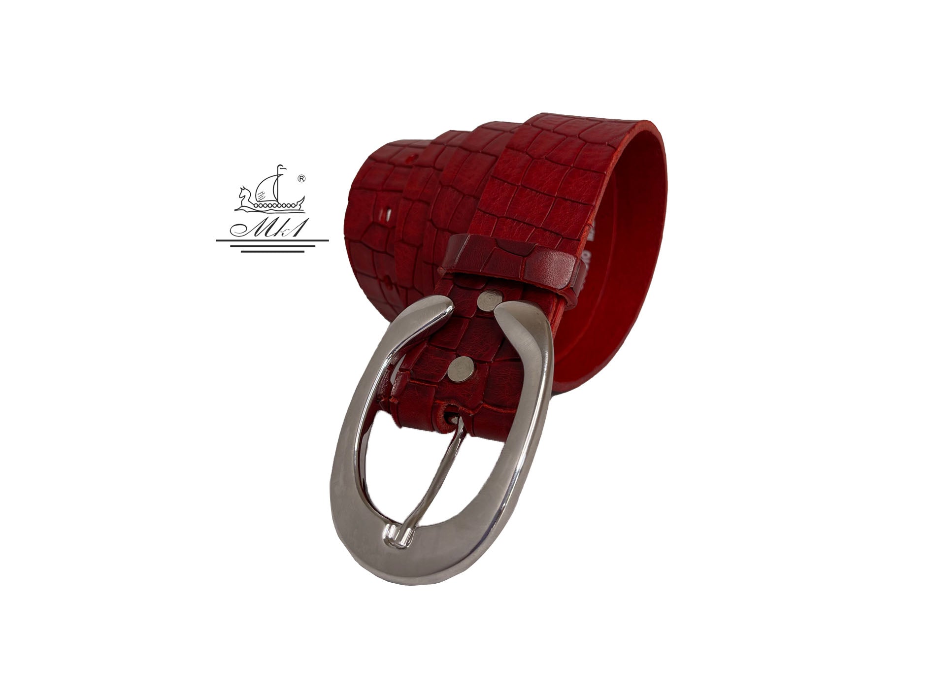 Unisex 4cm wide belt handcrafted from red leather with croco design. 101294/40RD/KR