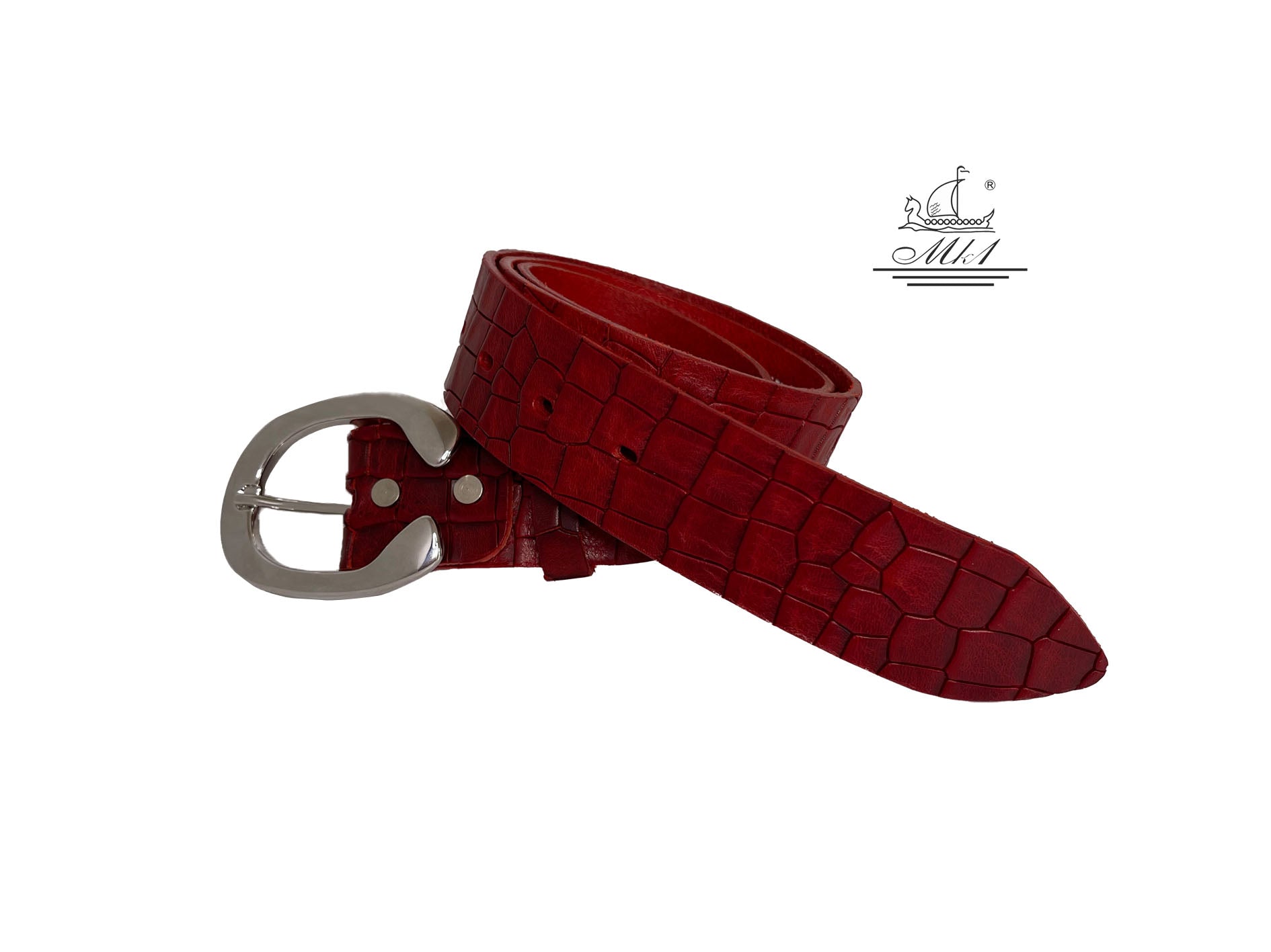 Women's wide belt handcrafted from red natural leather with animal print (croco) design. 101294/40kk-kr