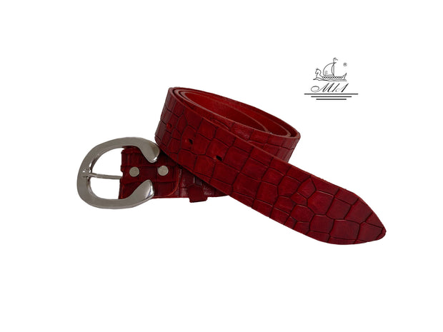 Unisex 4cm wide belt handcrafted from red leather with croco design. 101294/40RD/KR