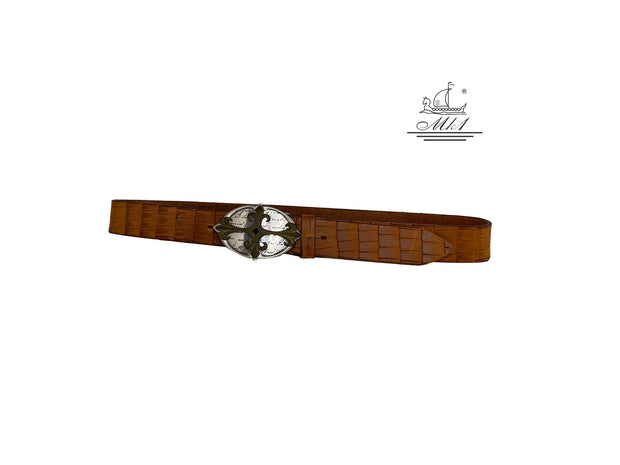 Handmade casual leather belt in light brown colour with croco design . 100340/40TB/KR