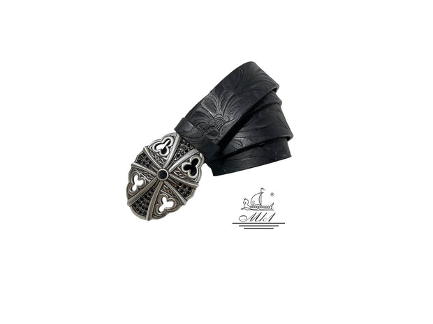 Unisex 4cm wide belt handcrafted from black leather with flower design.100327/40B/LD