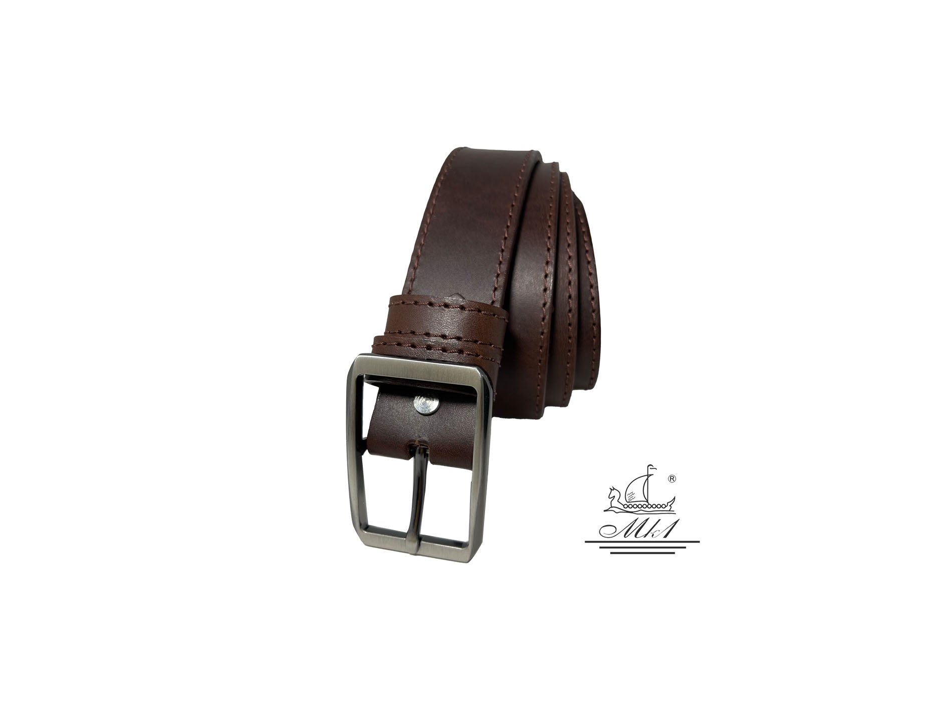 Unisex 3,5cm wide belt handcrafted from brown leather with sticking design. A001/35BR/DG