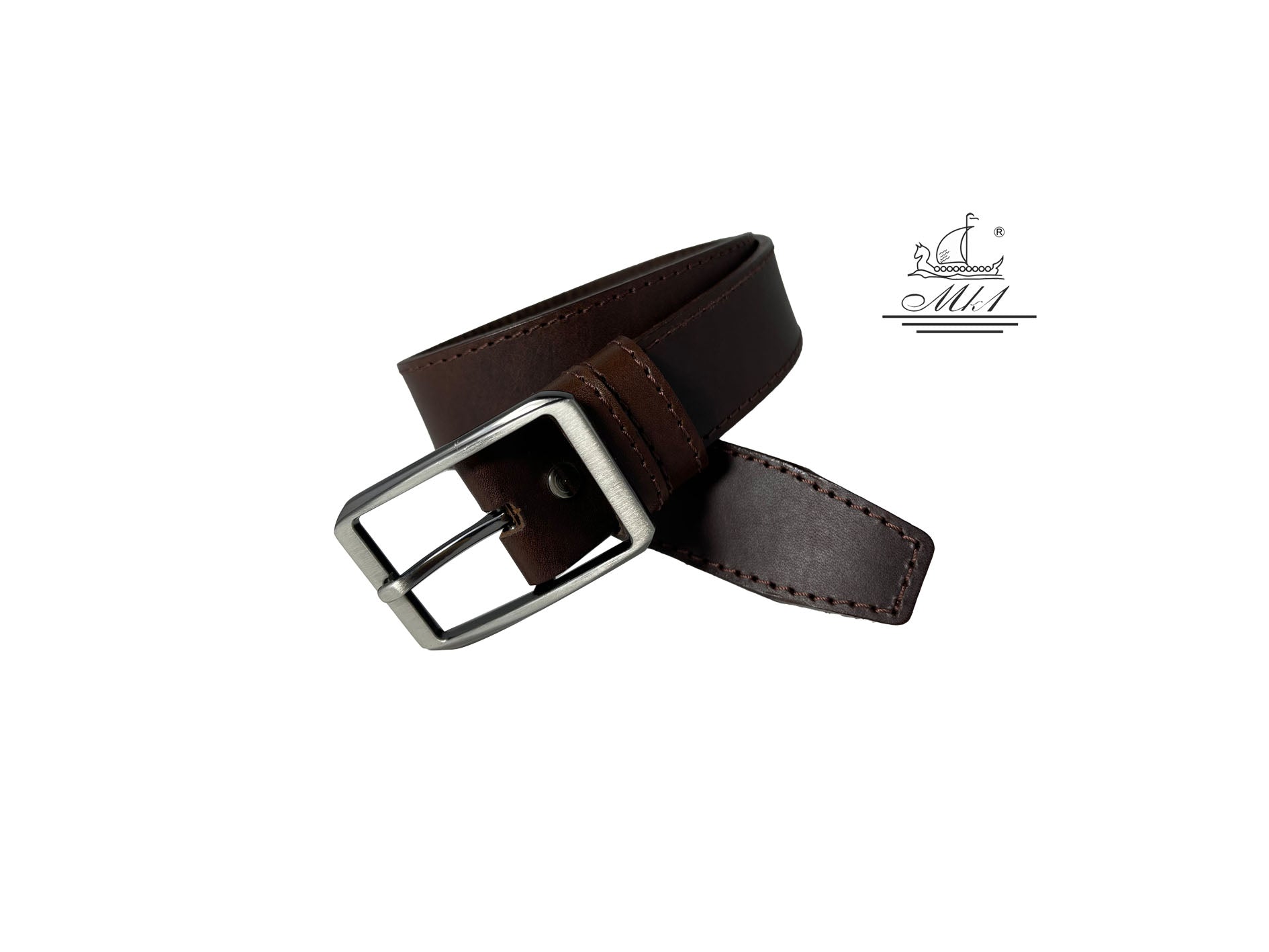 Unisex 3,5cm wide belt handcrafted from brown leather with sticking design. A001/35BR/DG