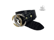 Handmade casual leather belt in black colour with croco design . 101588/40B/KR