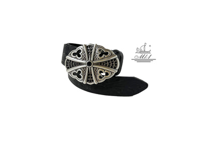 Unisex 4cm wide belt handcrafted from black leather with flower design.100327/40B/LD