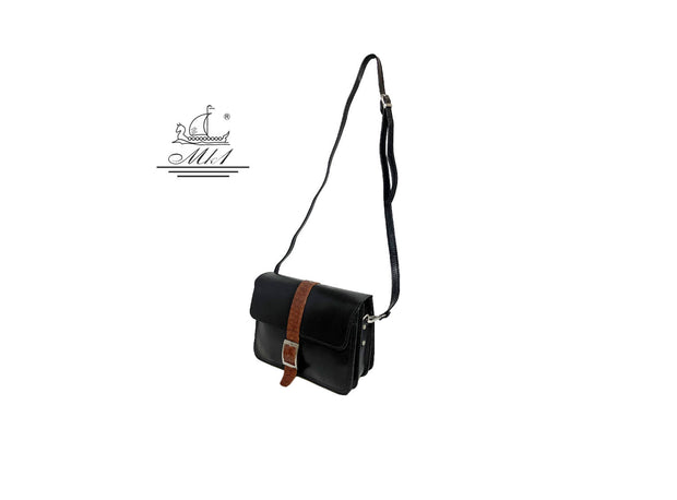 "Hellen" - midsize crossbody bag handcrafted from natural black leather with croco details WT/319M