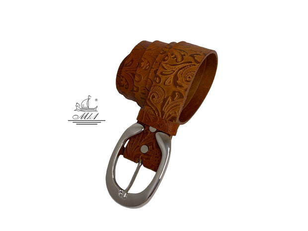 Unisex 4cm wide belt handcrafted from light brown leather with flower design. 101294/40TB/LD