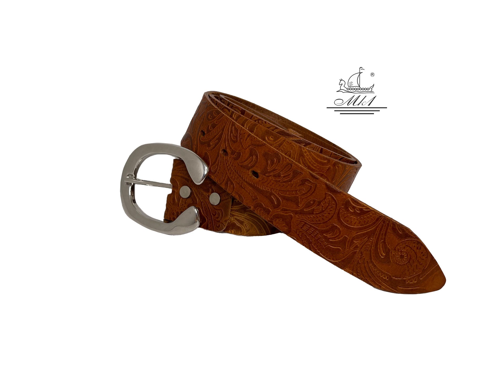 Unisex 4cm wide belt handcrafted from light brown leather with flower design. 101294/40TB/LD