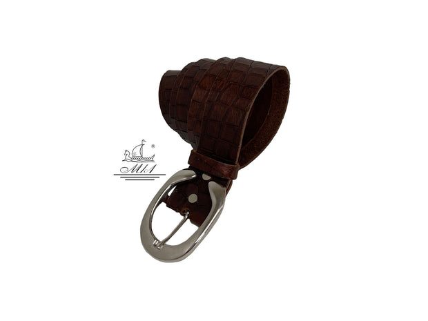 Unisex 4cm wide belt handcrafted from  brown leather with croco design. 101294/40BR/KR