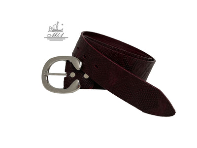 Unisex 4cm wide belt handcrafted from burgundy leather with snake design. 101294/40ΒG/FD