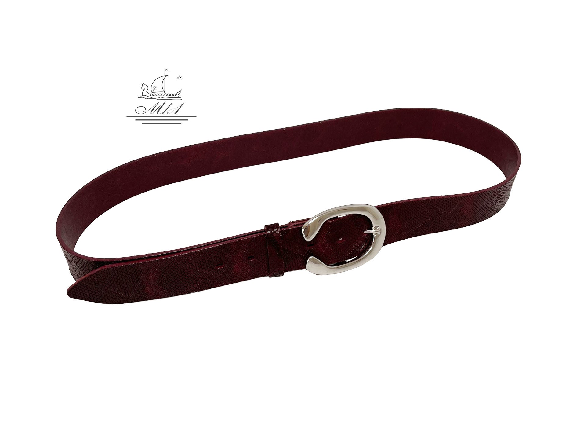 Unisex 4cm wide belt handcrafted from burgundy leather with snake design. 101294/40ΒG/FD