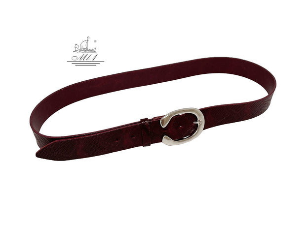 Unisex 4cm wide belt handcrafted from burgundy leather with snake design. 101294/40ΒG/FD