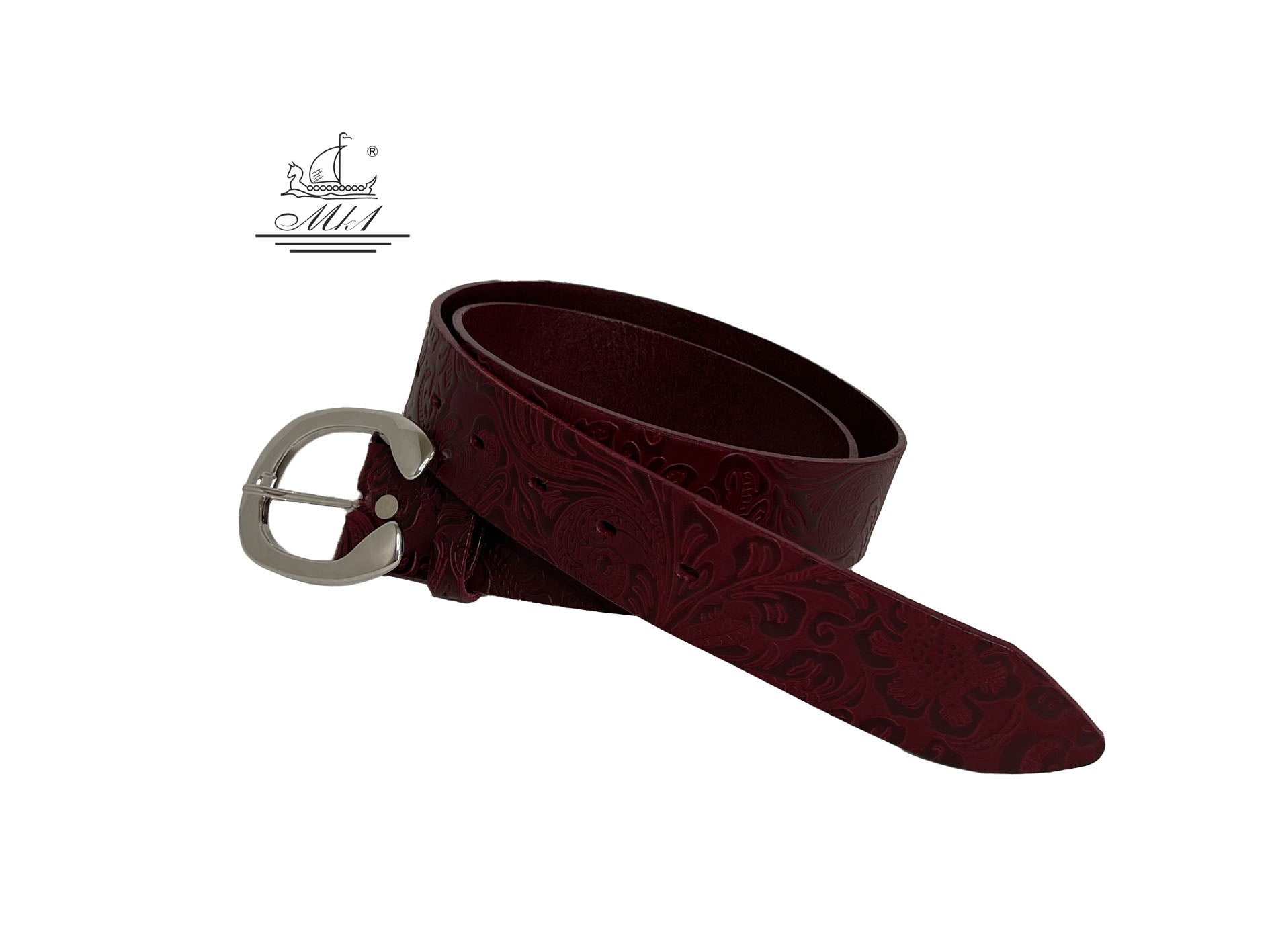Unisex 4cm wide belt handcrafted from burgundy leather with flower design. 101294/40BG/LD