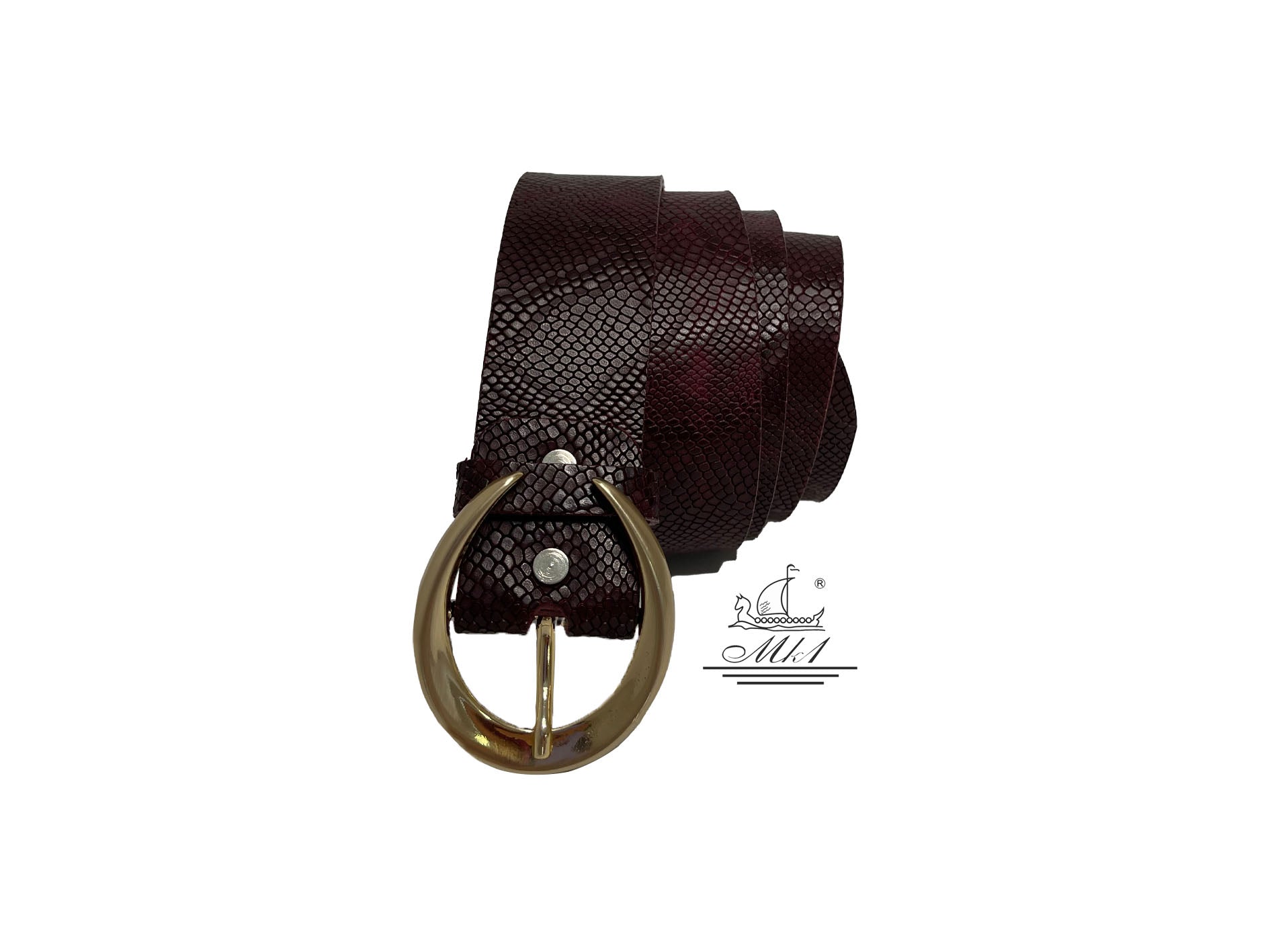 Unisex 4cm wide belt handcrafted from burgundy colour leather with snake design. 101589/40BG/FD