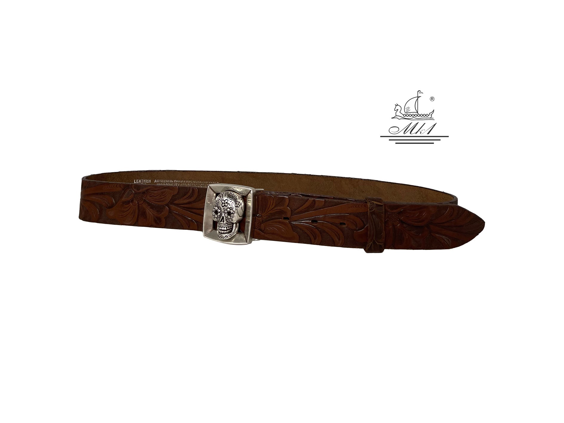Handmade casual leather belt in brown colour with flower design.100871/40BR/LD
