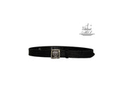 Handmade casual leather belt in black colour with flower design.100871/40B/LD
