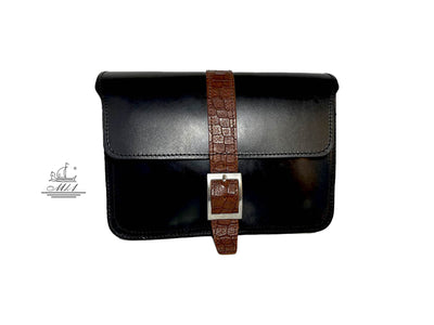 "Hellen" - midsize crossbody bag handcrafted from natural black leather with croco details WT/319M