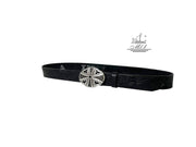 Unisex 4cm wide belt handcrafted from black leather with flower design.100327/40B/LD