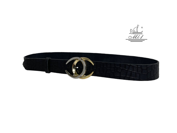 Handmade casual leather belt in black colour with croco design . 101588/40B/KR