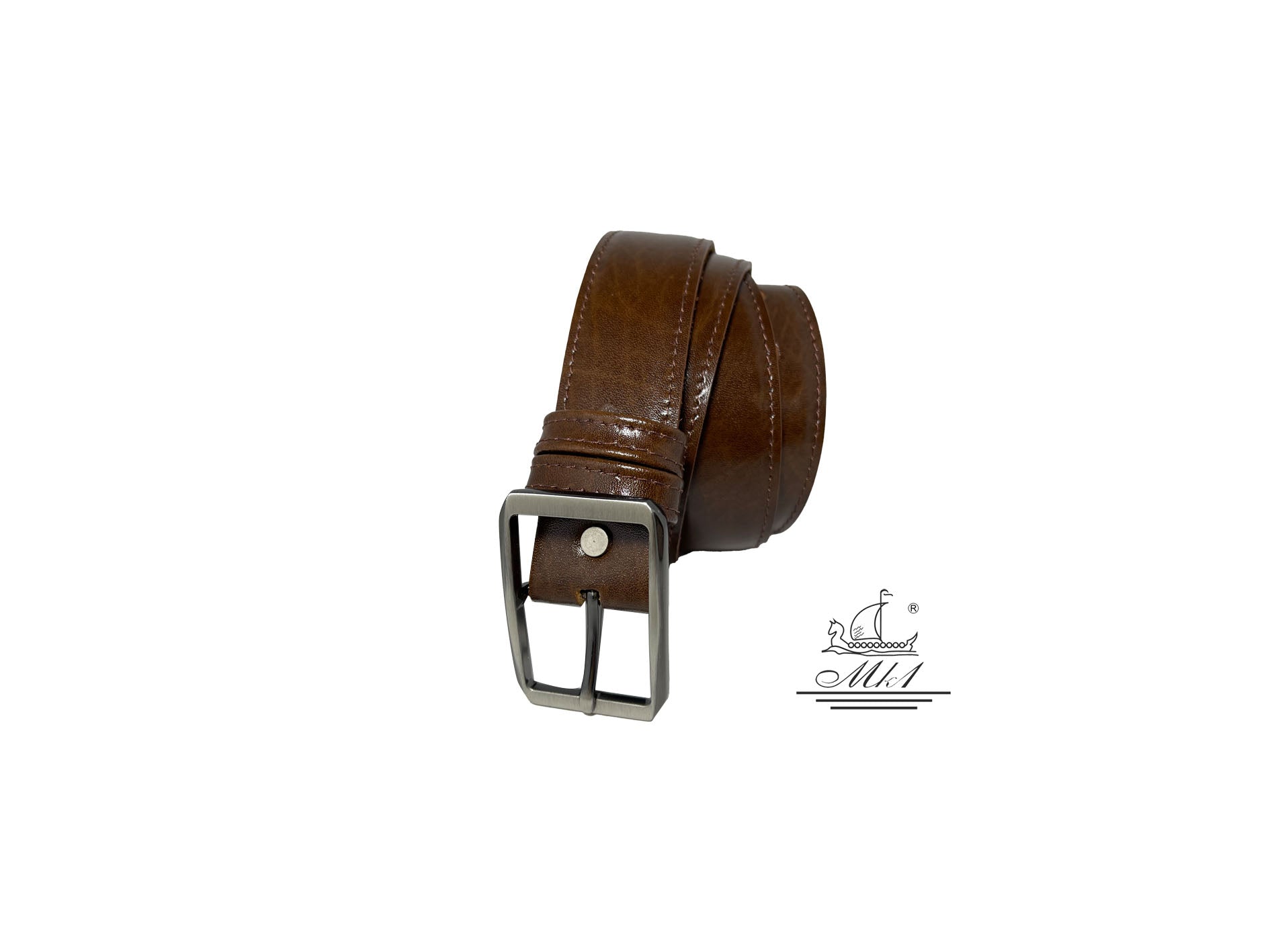 Unisex 3,5cm wide belt handcrafted from brown leather with sticking design. A001/35BR/DG