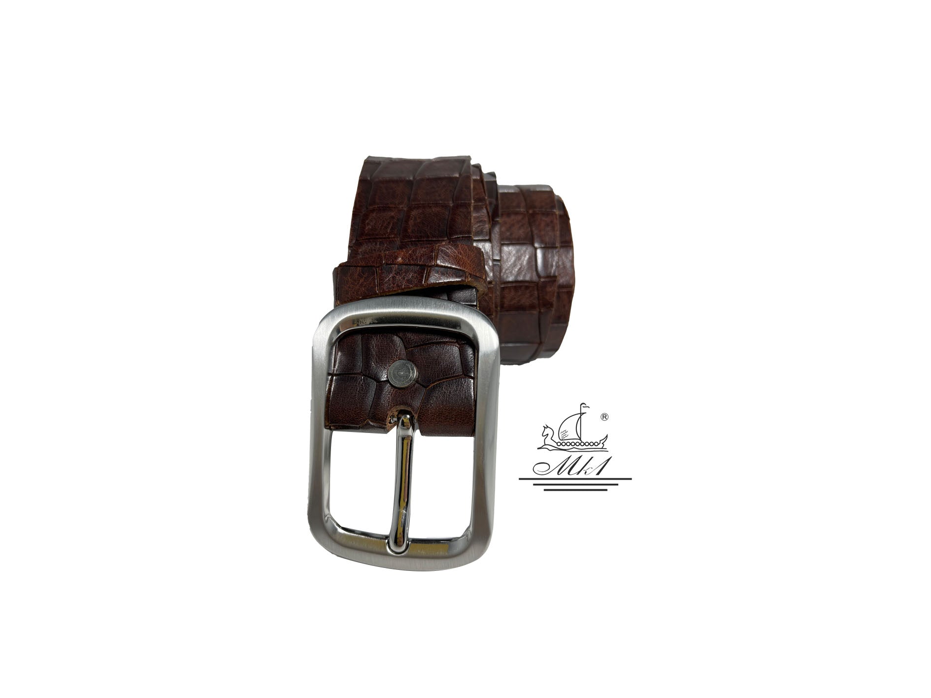 Women's 4cm wide belt handcrafted from brown leather with croco design. 100973/40B/KR