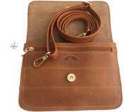 "Iakinthos" - small crossbody bag handcrafted from natural light brown leather with flower design WT/52FLK