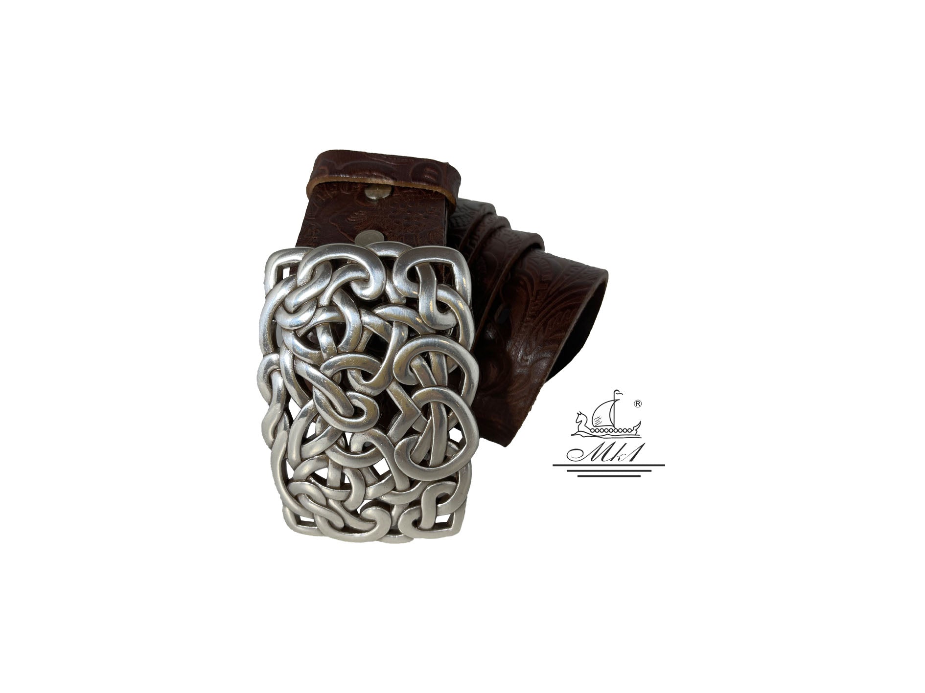 Woman's 4cm wide belt handcrafted from red brown leather with flower design. 100148/40mp/ll