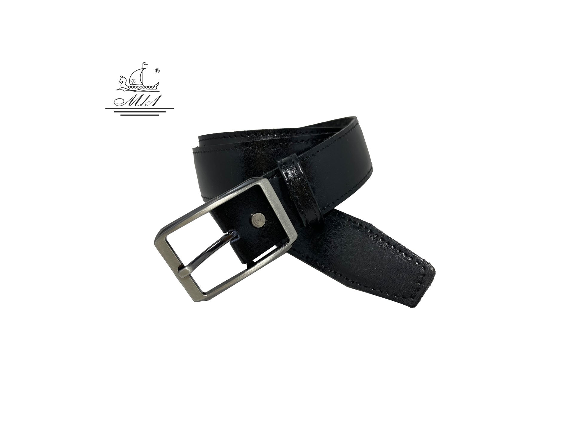 Unisex 3,5cm wide belt handcrafted from black leather with sticking design. A001/35B/DG
