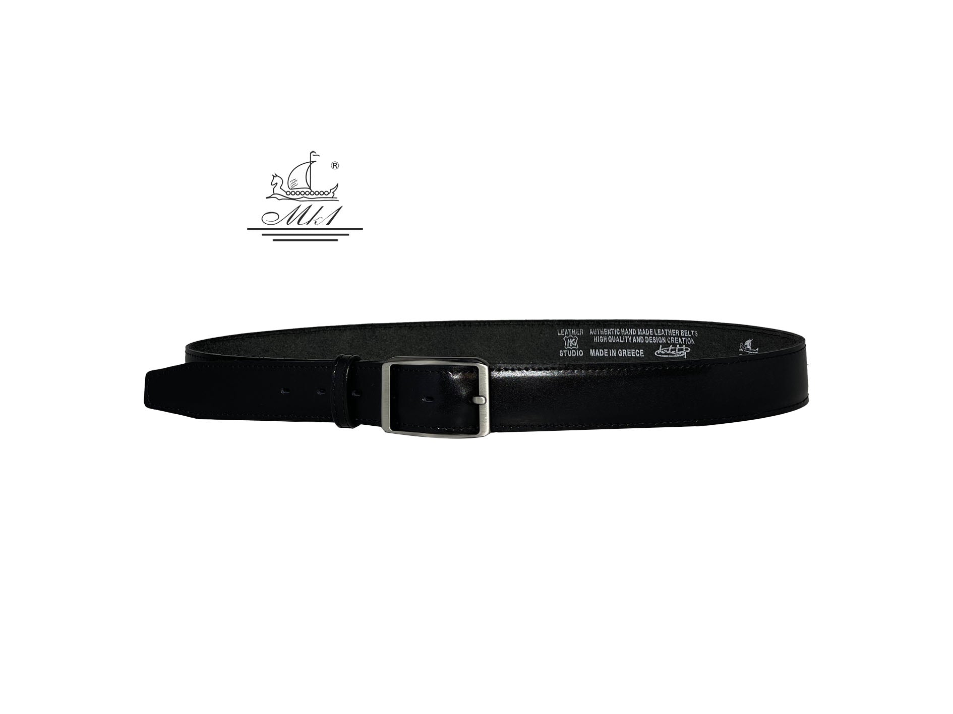 Unisex 3,5cm wide belt handcrafted from black leather with sticking design. A001/35B/DG