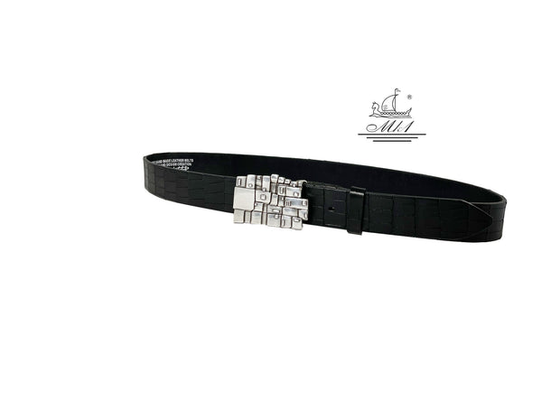 Unisex 4cm wide belt handcrafted from black leather with croco design . 100881/40B/KR