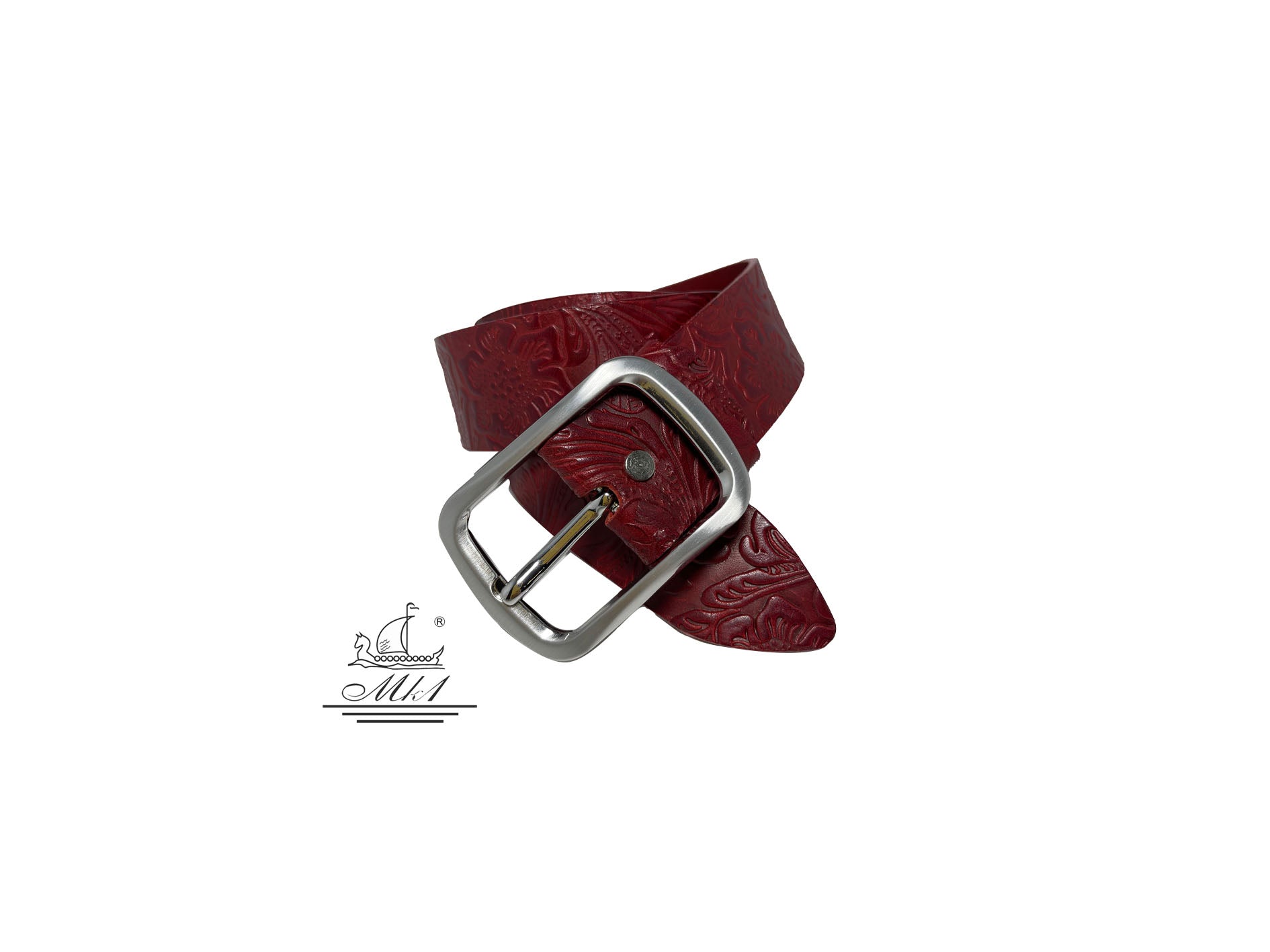 Women's 4cm wide belt handcrafted from red leather with flower design. 100973/40KK/LL