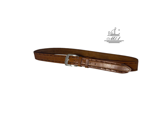Unisex 4cm wide belt handcrafted from light brown leather with croco design. 101246/40ΤΒ/KR