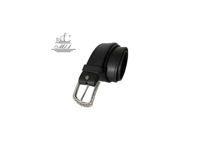 Unisex 4cm wide belt handcrafted from black leather with sticking design. 100/40B/DG