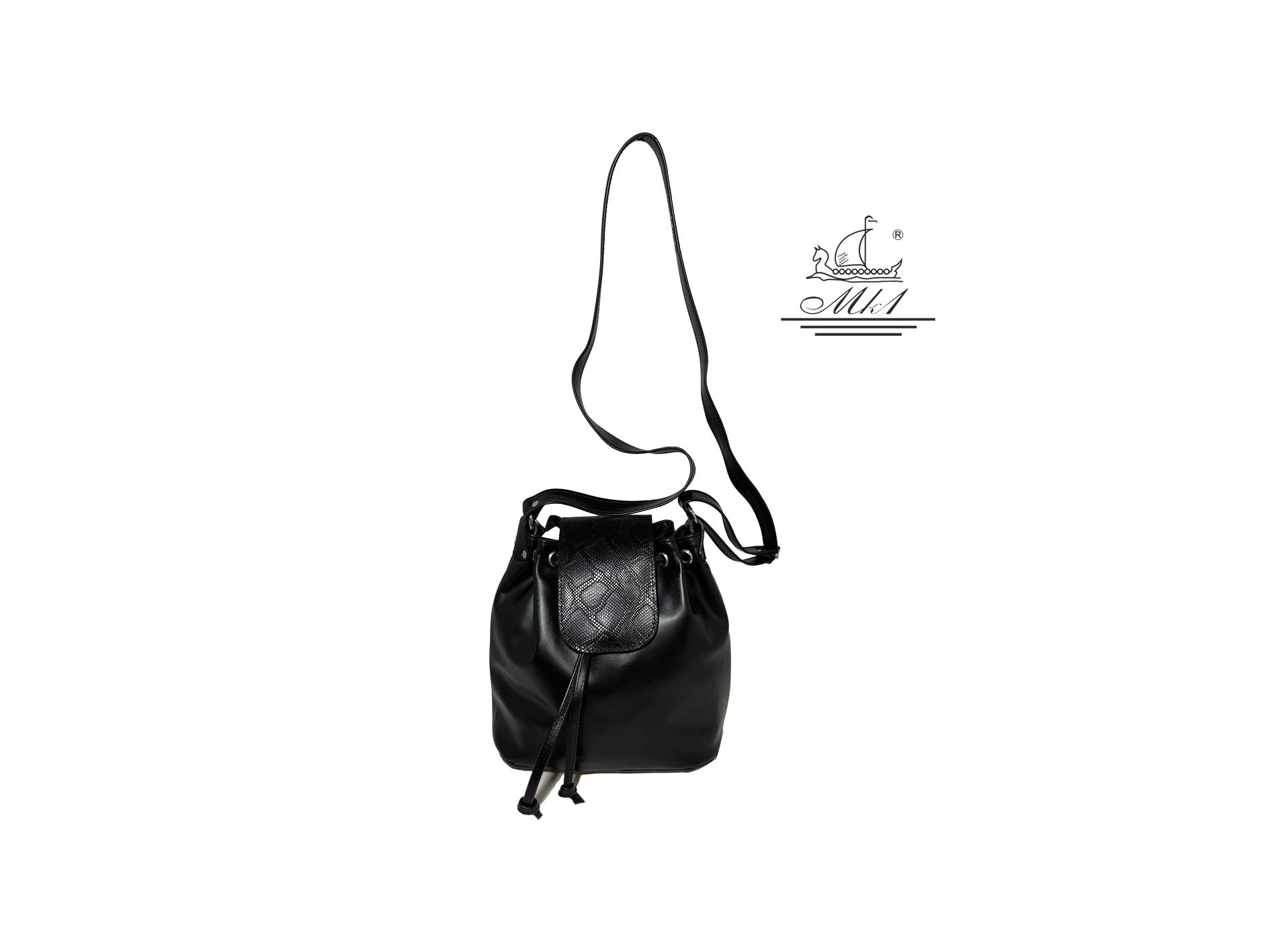" Kalliopi " -large bag handcrafted from natural black leather with snake detail. WPG/1