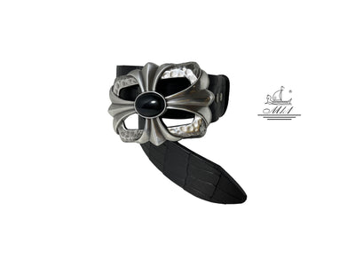 Unisex 4cm wide belt handcrafted from black leather with croco design.100435/40B/KR