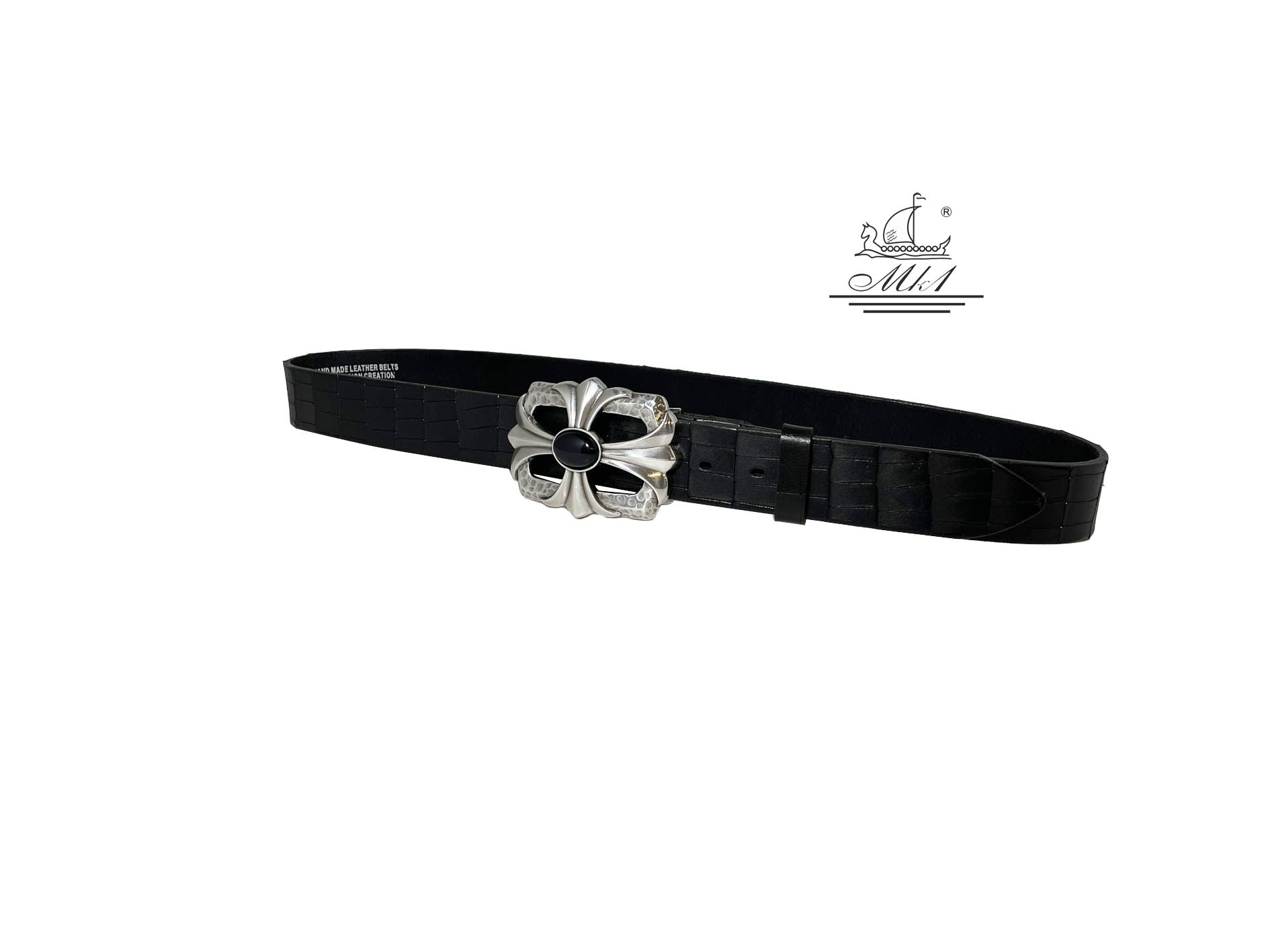 Unisex 4cm wide belt handcrafted from black leather with croco design.100435/40B/KR