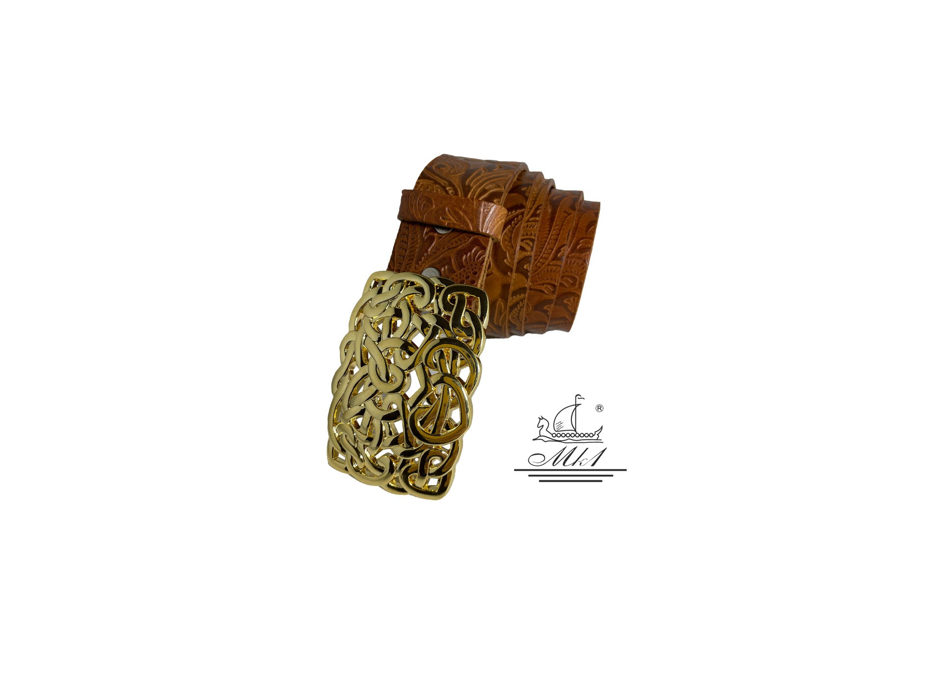Women's 4cm wide belt handcrafted from light brown leather with flower design. 100148/40Gt/LD
