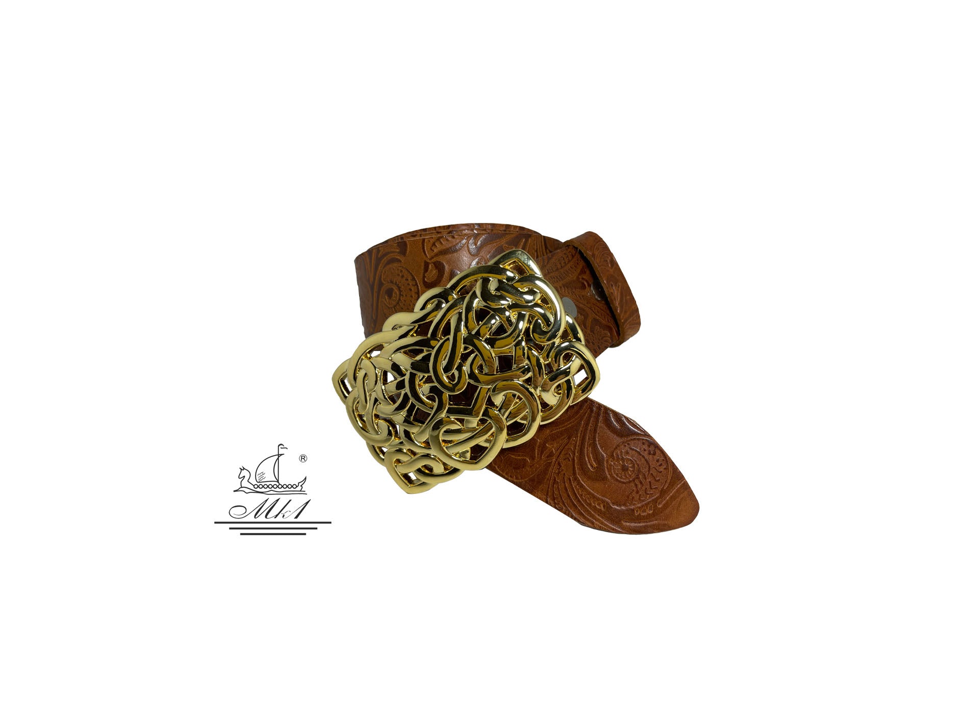 Women's 4cm wide belt handcrafted from light brown leather with flower design. 100148/40Gt/LD