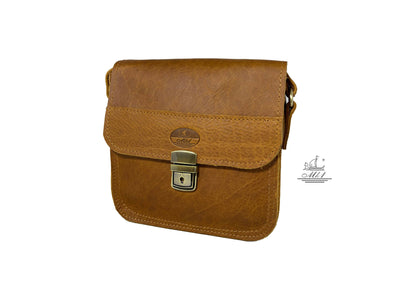 "Diomedes " - midsize crossbody bag handcrafted from natural light brown leather with square lock. WT/451