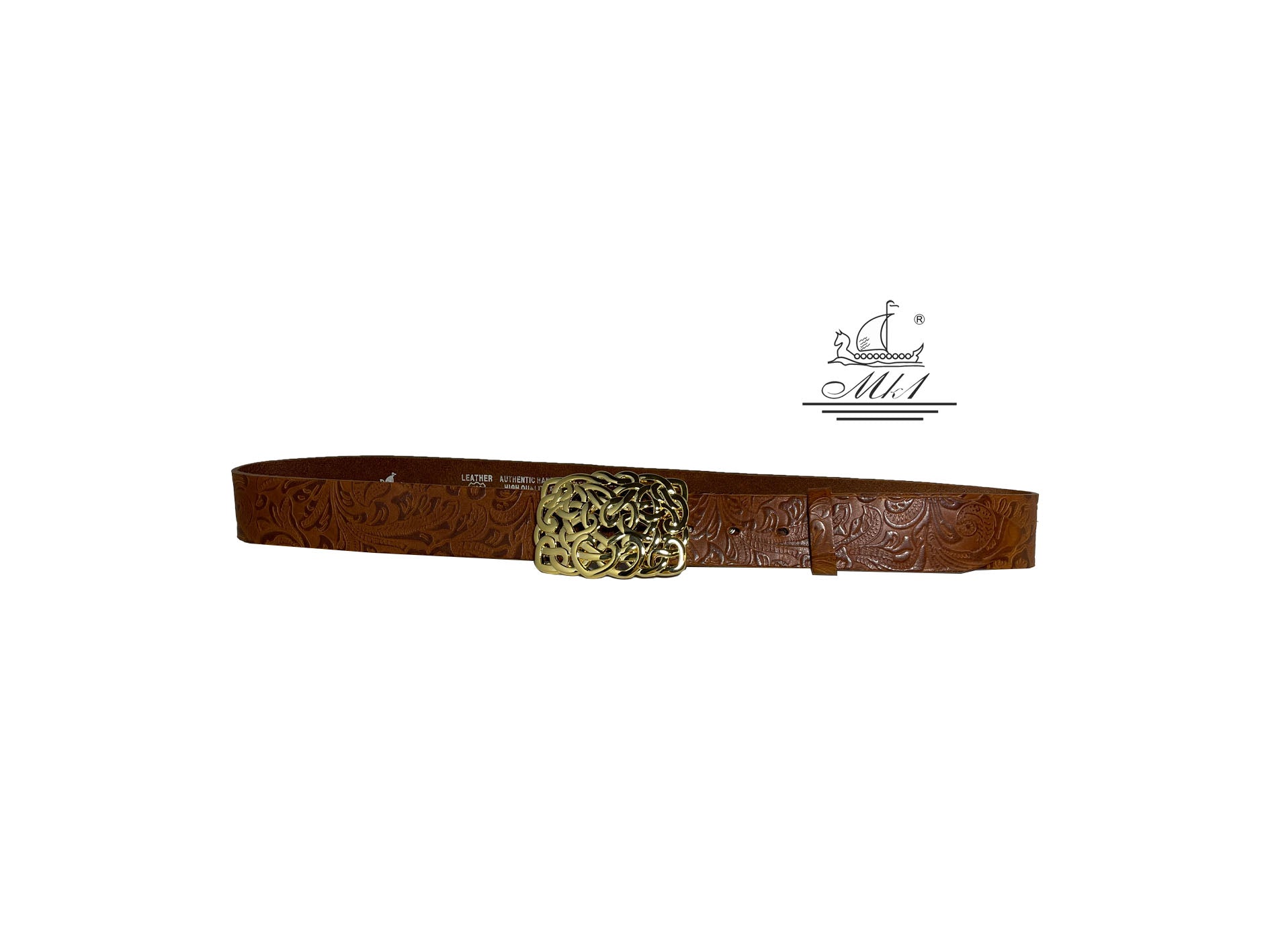 Women's 4cm wide belt handcrafted from light brown leather with flower design. 100148/40Gt/LD