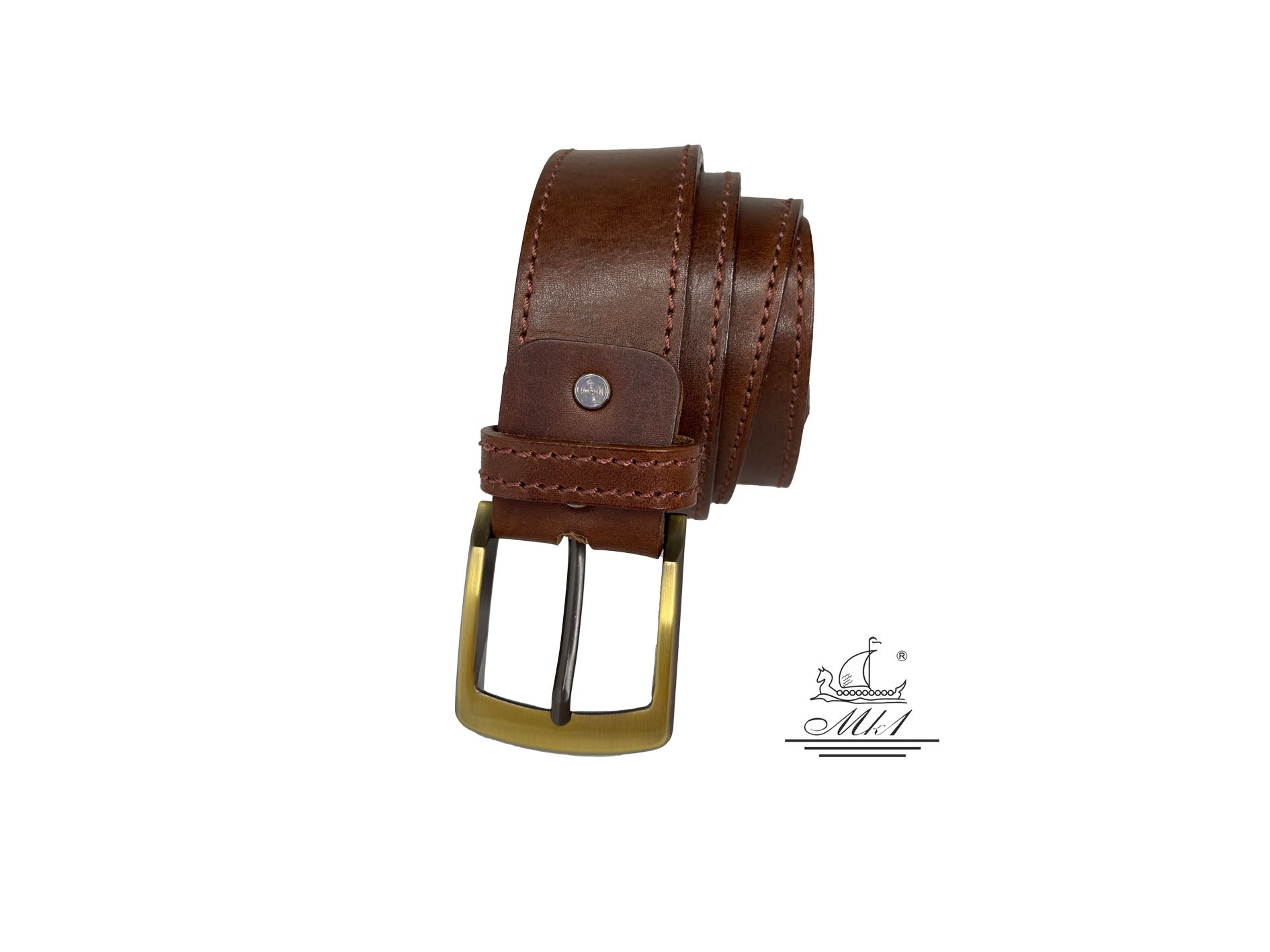BR100/40BR/DG Handmade casual leather belt in brown colour with sticking design.
