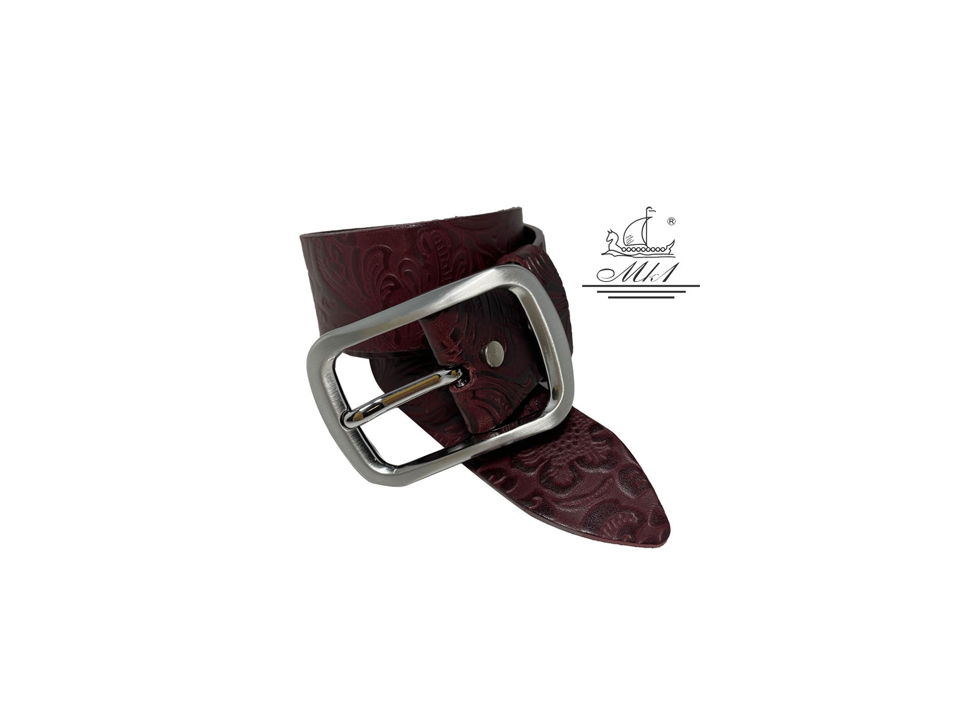 Women's 4cm wide belt handcrafted from bordo leather with flower design. 100973/40mp/LL