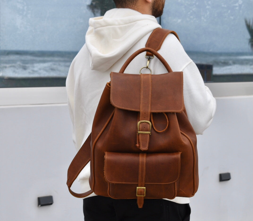 "Ippokratis" - Unisex bigsize backpack (rucksack) handcrafted from natural light brown leather WT/59T