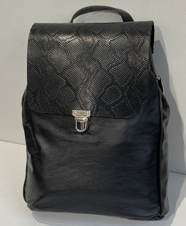 Elpiniki - soft black leather backpack with red flower design WT/TYM