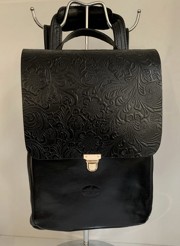 Elpiniki - soft black leather backpack with bordo snake design WT/TYM
