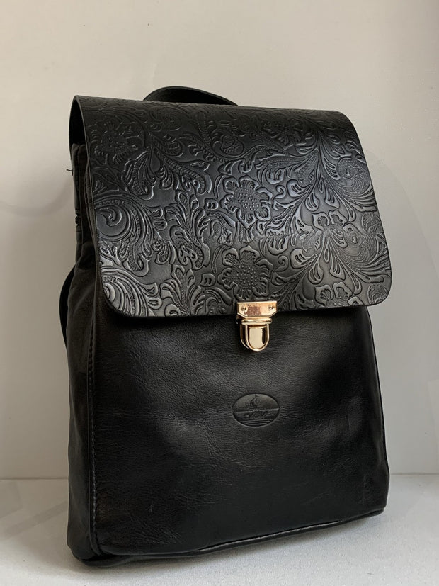 Elpiniki - soft black leather backpack with bordo croco design WT/TYM